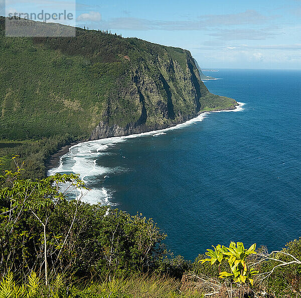 Vereinigte Staaten  Hawaii  Big Island  Wai Pio  schwarzer Sandstrand mit Klippen