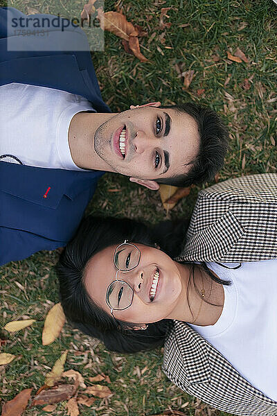 Smiling business colleagues lying together on grass