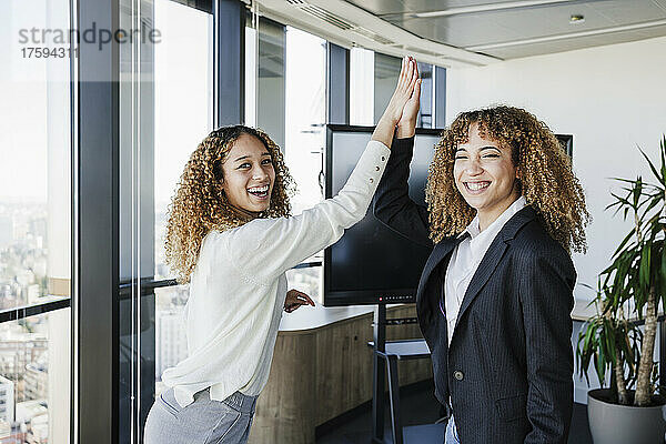 Glückliche Geschäftsfrauen geben sich im Büro gegenseitig High Five