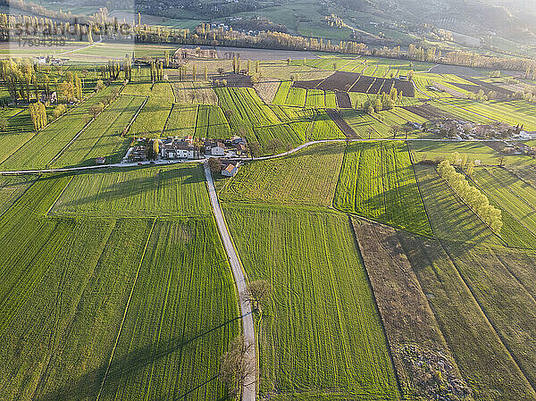 Italien  Umbrien  Gubbio  Drohnenansicht grüner Felder im Frühling