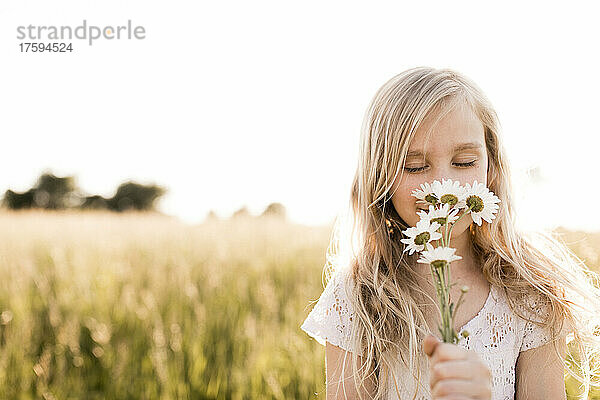 Blondes Mädchen riecht Blumen im Feld