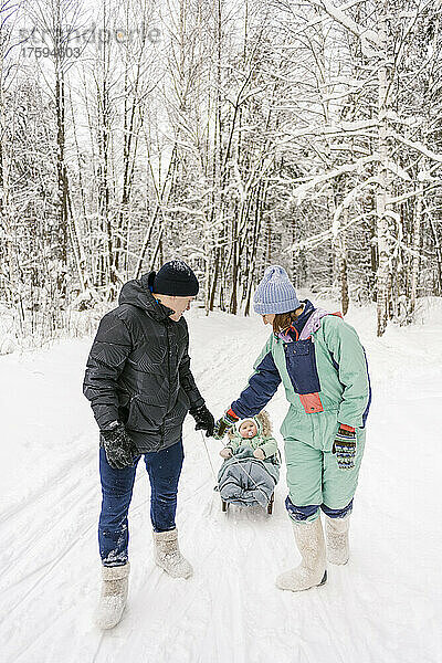 Vater und Mutter ziehen im Winter Schlitten mit Tochter im Schnee