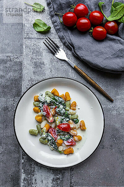 Studio shot of plate of gnocchi withÂ gorgonzolaÂ cheese  spinach and tomatoes