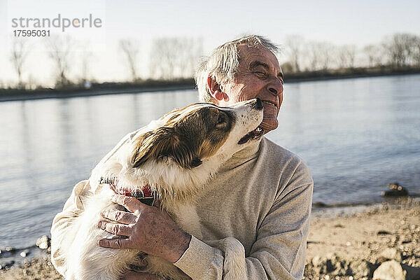 Hund leckt Gesicht eines älteren Mannes am Strand