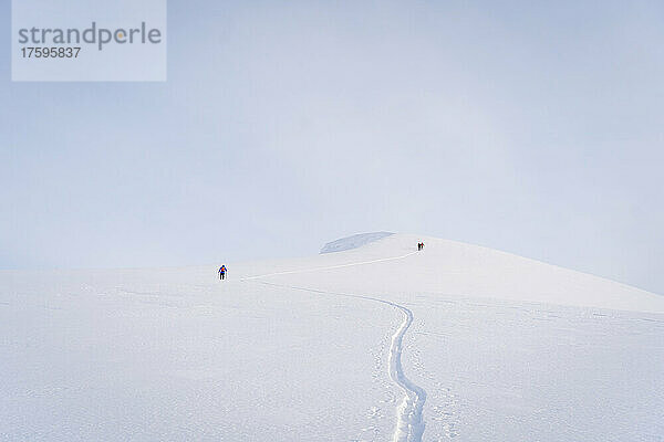 Wanderer wandern auf einem schneebedeckten Berg in Sheregesh  Russland