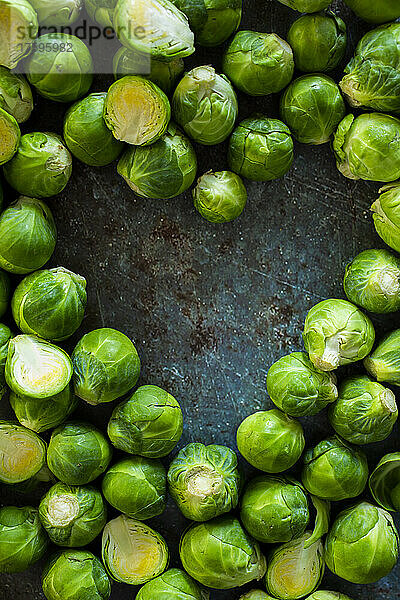 Halved Brussels sprouts arranged into shape of heart