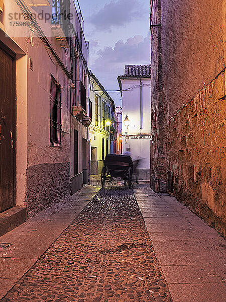 Spanien  Provinz Cordoba  Cordoba  Kutsche fährt in der Abenddämmerung an einer Kopfsteinpflastergasse in der historischen Altstadt vorbei