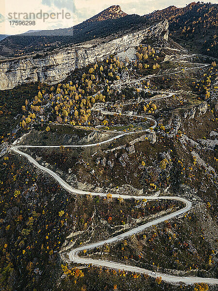 Russia  Dagestan  Aerial view of winding mountain road in autumn
