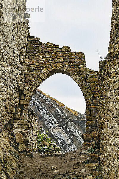 Russia  Dagestan  Gamsutl  Stone arch in old abandoned mountain village