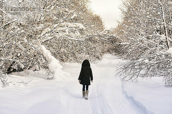 Female hiker walking in snow covered forest
