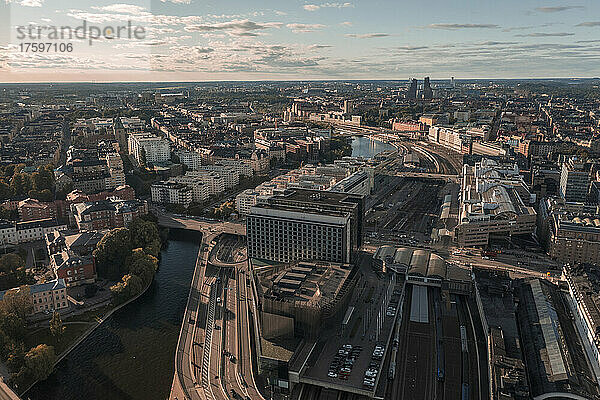 Sweden  Stockholm County  Stockholm  Aerial view of downtown area aroundÂ Stockholm Central Station at dusk