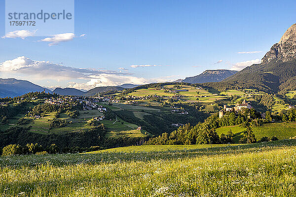 Italien  Südtirol  Vols am Schlern  Almwiese im Sommer mit Dorf und Schloss Prosels im Hintergrund