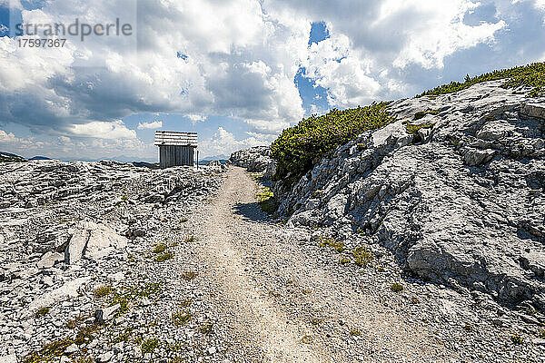 Wanderweg auf dem Gipfel des Krippensteins im Sommer mit kleiner Hütte im Hintergrund