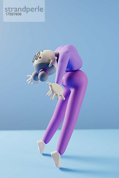 Three dimensional render of female figure dancing passionately against blue background