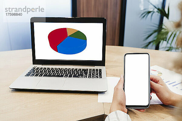 Hände einer Geschäftsfrau  die im Büro einen leeren Smartphone-Bildschirm neben einem Laptop mit Kreisdiagramm zeigt