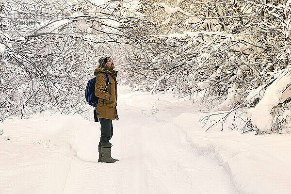 Männlicher Wanderer steht mitten auf einer schneebedeckten Forststraße