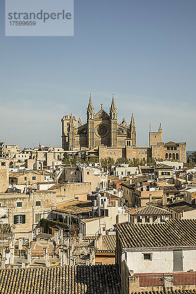 Spanien  Balearen  Palma de Mallorca  Altstadthäuser mit der Kathedrale von Palma im Hintergrund