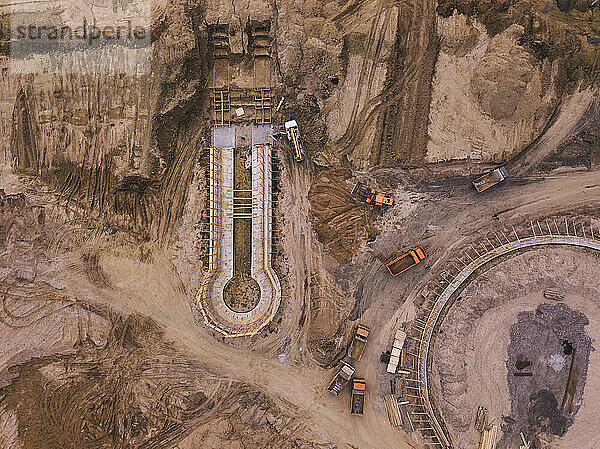 Russia  Dagestan  Derbent  Aerial view of construction site in sandy area