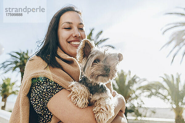 Lächelnde Frau mit Hund an sonnigem Tag