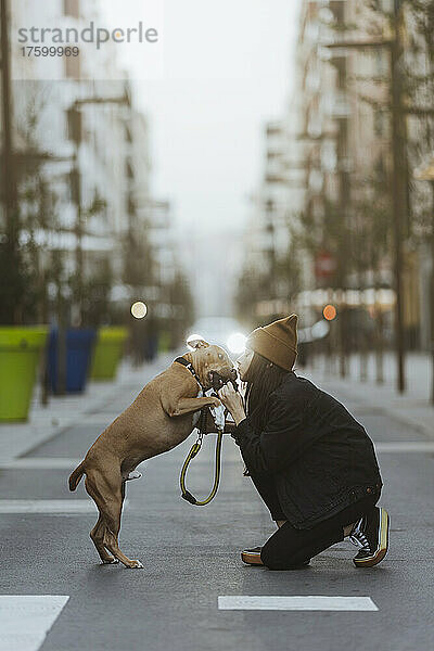Junge Frau küsst verspielten Hund auf der Stadtstraße
