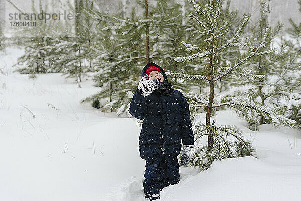 Fröhlicher Junge in warmer Kleidung  der im verschneiten Wald neben einem Baum steht