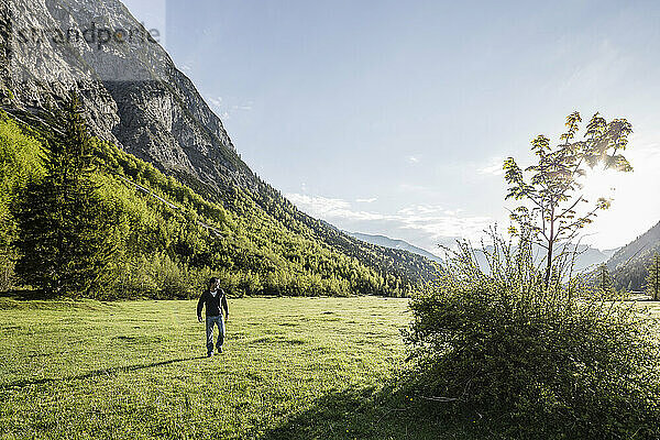 Mann spaziert auf der Wiese im Falzthurntal  Karwendel  Pertisau  Achensee  Tirol  Österreich