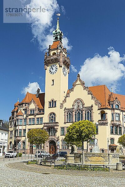 Rathaus und Wettinbrunnen  Marktplatz Waldheim  Sachsen  Deutschland  Europa