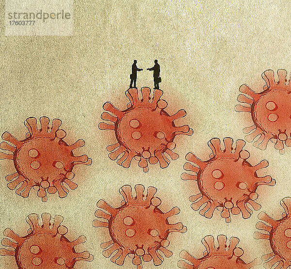 Geschäftsmänner beim Handschlag über Coronavirus-Mikroorganismen