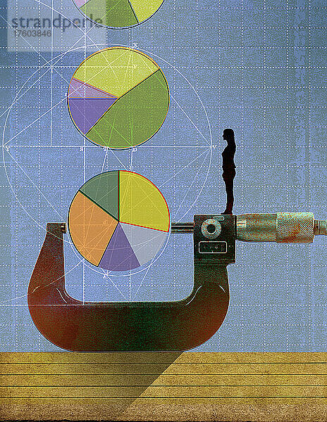 Geschäftsfrau misst Tortendiagramm mit Mikrometer