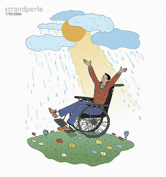 Sonne scheint auf einen glücklichen Mann im Rollstuhl