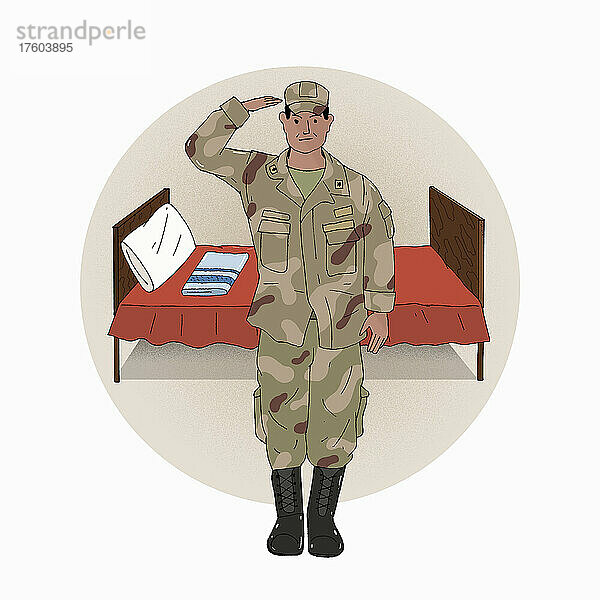 Salutierender Soldat steht neben dem Bett