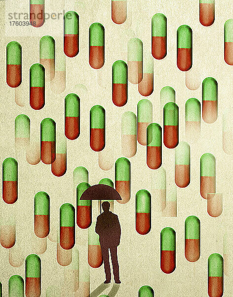 Pillen regnen auf einen Mann mit Regenschirm