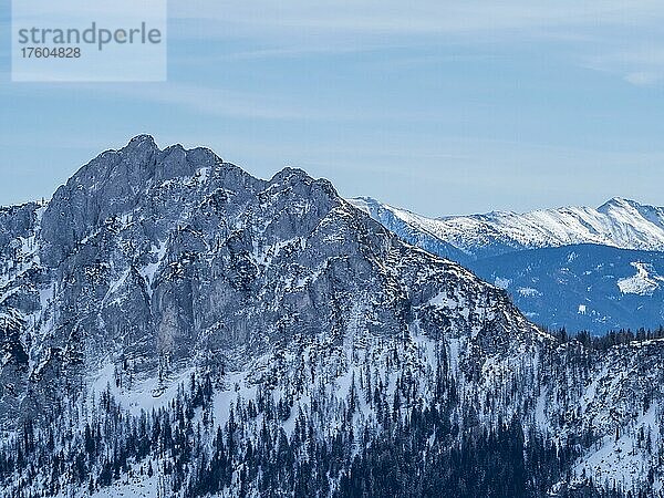Winterlandschaft  karge Bäume und verschneite Berggipfel  Tauplitzalm  Steiermark  Österreich  Europa