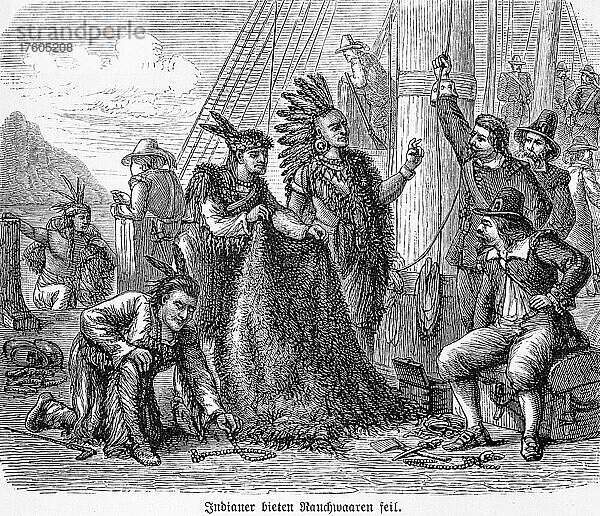 Indianer  Europäer  Eroberung  Besiedlung  Handel  tauschen  Schiff  an Bord  Seefahrer  Halskette  Pelze  Federschmuck  Tabak  historische Illustration  1885  Nordamerika
