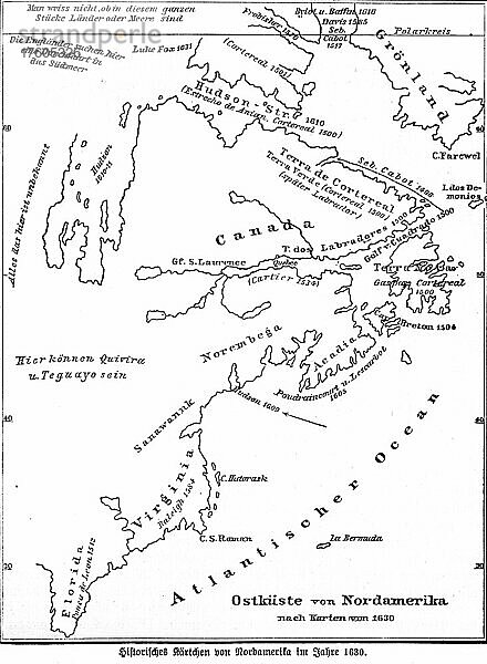 Historische Landkarte 1630  Polarkreis  Reisen  Entdeckungen  Illustration  1885  Neue Welt  Nordamerika  Atlantischer Ozean  Ostküste  Kanada  Hudson Bay  Florida  Virginia  Grönland  Nordamerika