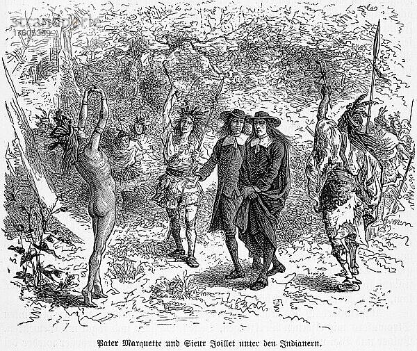 Indianer  Kopfschmuck  Speere  Europäer  Pater  Pfarrer  Christentum  begrüßen  Eroberung  Wald  historische Illustration  1885  Nordamerika