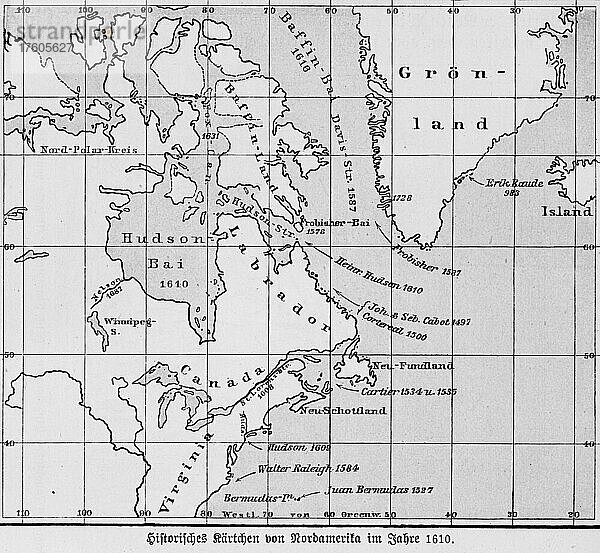 Historische Landkarte 1610  Labrador  Hudson Bay  Kanada  Kartograf Münster  Reisen  Entdeckungen  Illustration  1885  Neue Welt  Nordamerika  Grönland  Nordamerika