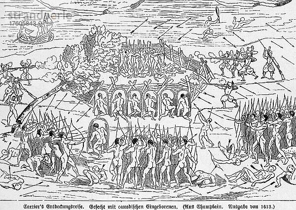 Gefecht Indianer  Kampf  Europäer  Eroberung  Besiedlung  Pfeil und Bogen  Cartier  nach Champlain 1613  schießen  Gewehr  Tod  Schild  historische Illustration 1885  Nordamerika