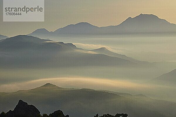 Frühling auf Kreta  Morgenlicht  Gegenlicht  Nebelschwaden  Dikte Massiv  zwischen Pachia Amos und Ierapetra  Ostkreta  Insel Kreta  Griechenland  Europa