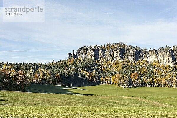 Tafelberg Pfaffenstein mit Felsnadel Barbarine  Herbst  Nationalpark Sächsische Schweiz  Sachsen  Deutschland  Europa
