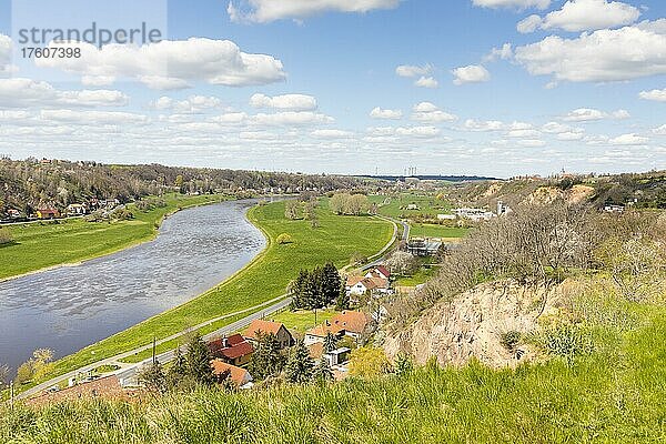 Elbtalhänge mit alten Steinbrüchen und Elbe mit Zehren und Zadel  Diera-Zehren  Sächsisches Elbland  Sachsen  Deutschland  Europa