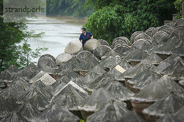 Frau  die sich um Töpfe mit traditionell hergestellter Sojasauce kümmert  auf dem Land am Fluss in China; Sichuan  China