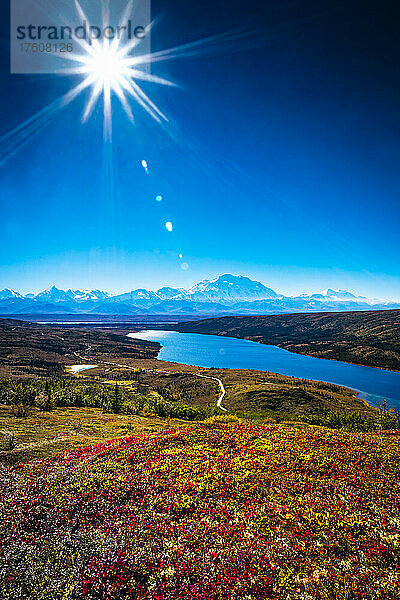 Glühende Sonne über dem Mount Denali (McKinley) und dem Wonder Lake mit herbstlich gefärbter Tundra und blauem Himmel  Denali National Park and Preserve  Interior Alaska; Alaska  Vereinigte Staaten von Amerika