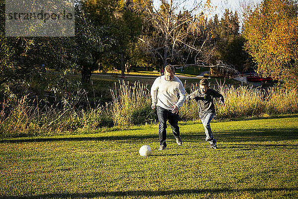 Vater spielt Fußball mit seinem Sohn in einem Park im Herbst; St. Albert  Alberta  Kanada