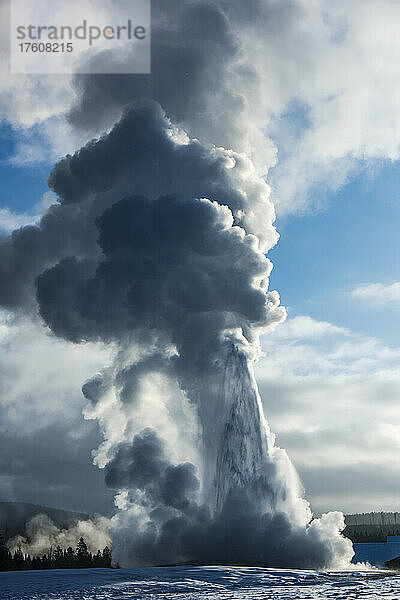 Nahaufnahme des ausbrechenden Old Faithful mit sprudelndem Wasser und großen Dampfschwaden  die in den bewölkten blauen Himmel im Upper Geyser Basin  Yellowstone National Park  Wyoming  Vereinigte Staaten von Amerika  aufsteigen