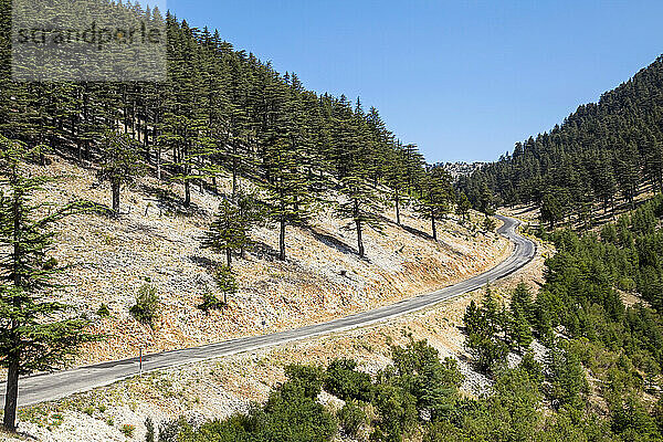 Straße  die durch die bewaldete Landschaft des Ak Dag-Gebirges im Landesinneren von Kas  Türkei  führt; Türkei