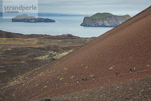 Eine Gruppe von Wanderern wandert auf einem Pfad zum Vulkan Eldfell.