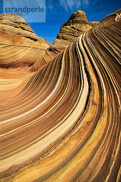 Nahaufnahme von The Wave  einer farbenfrohen Sandsteinfelsformation in den Coyote Buttes in der Paria Canyon-Vermilion Cliffs Wilderness; Arizona  Vereinigte Staaten von Amerika