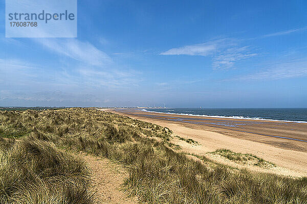 Weitläufiger Strand mit Sand und Strandgras an der Küste von South Shields; South Shields  Tyne and Wear  England