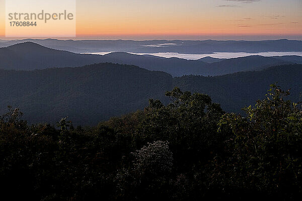 Vom Pounding Mill Overlook bei Sonnenaufgang füllen die Wolken die Täler zwischen den Bergkämmen in den Blue Ridge Mountains in North Carolina  USA; North Carolina  Vereinigte Staaten von Amerika